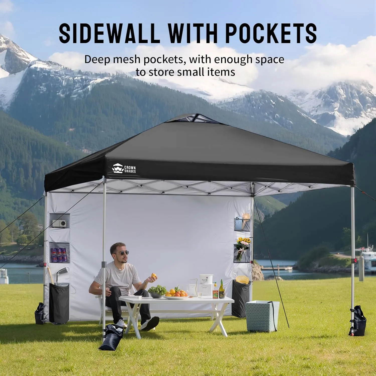 CROWN SHADES Canopy Tent, 10 x 10 Foot Portable Pop Up Outdoor Shelter with Pocket Sidewall, Push Center Lock, UV Protection, and Carry Bag, Black