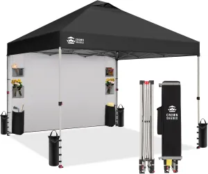 CROWN SHADES Canopy Tent, 10 x 10 Foot Portable Pop Up Outdoor Shelter with Pocket Sidewall, Push Center Lock, UV Protection, and Carry Bag, Black