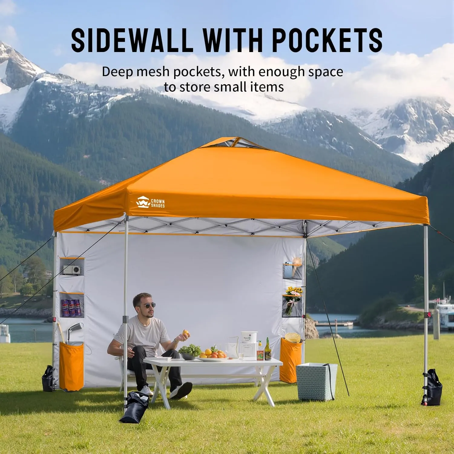 CROWN SHADES Canopy Tent 10x10 Pop Up Canopy Outdoor Shade with Pockets Sidewall, Easy Up Sun Shelter with One Person Set Up Center Lock, Portable Instant Camping Beach Canopy Tents, Orange