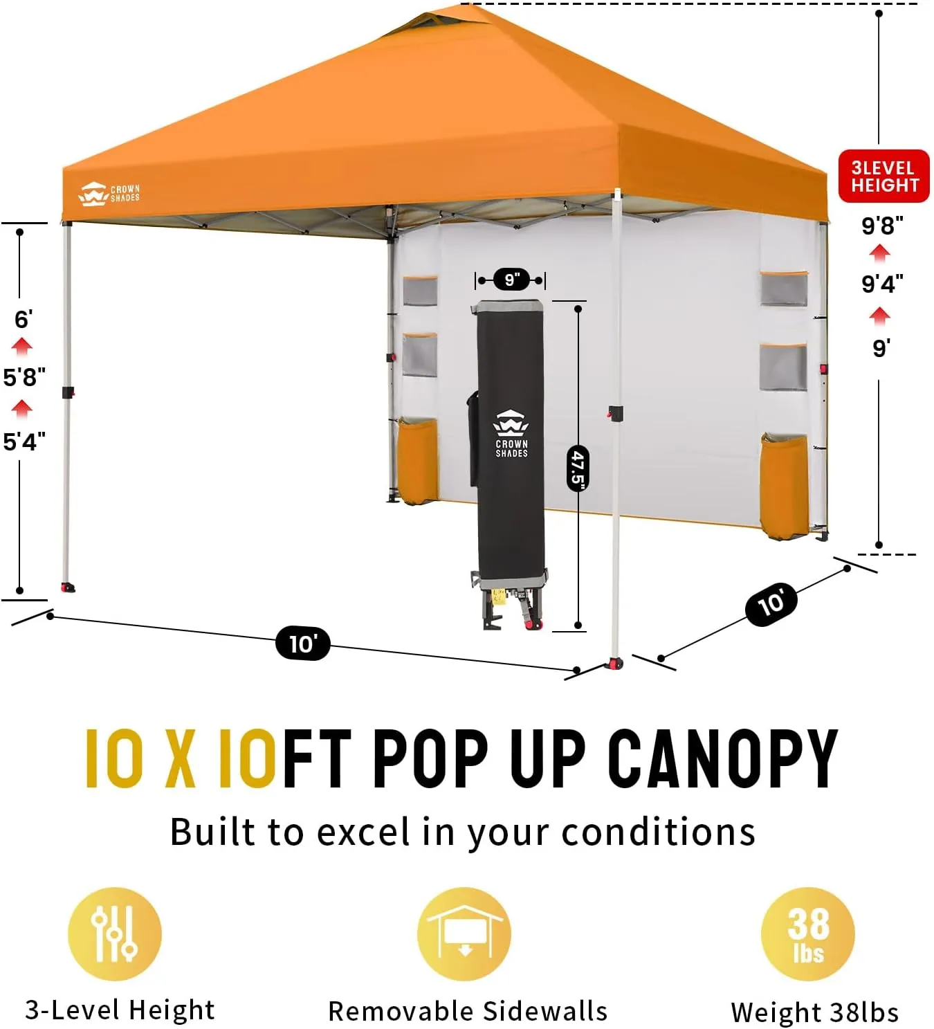 CROWN SHADES Canopy Tent 10x10 Pop Up Canopy Outdoor Shade with Pockets Sidewall, Easy Up Sun Shelter with One Person Set Up Center Lock, Portable Instant Camping Beach Canopy Tents, Orange