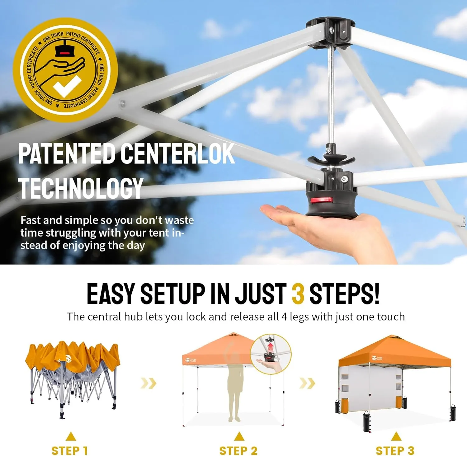 CROWN SHADES Canopy Tent 10x10 Pop Up Canopy Outdoor Shade with Pockets Sidewall, Easy Up Sun Shelter with One Person Set Up Center Lock, Portable Instant Camping Beach Canopy Tents, Orange