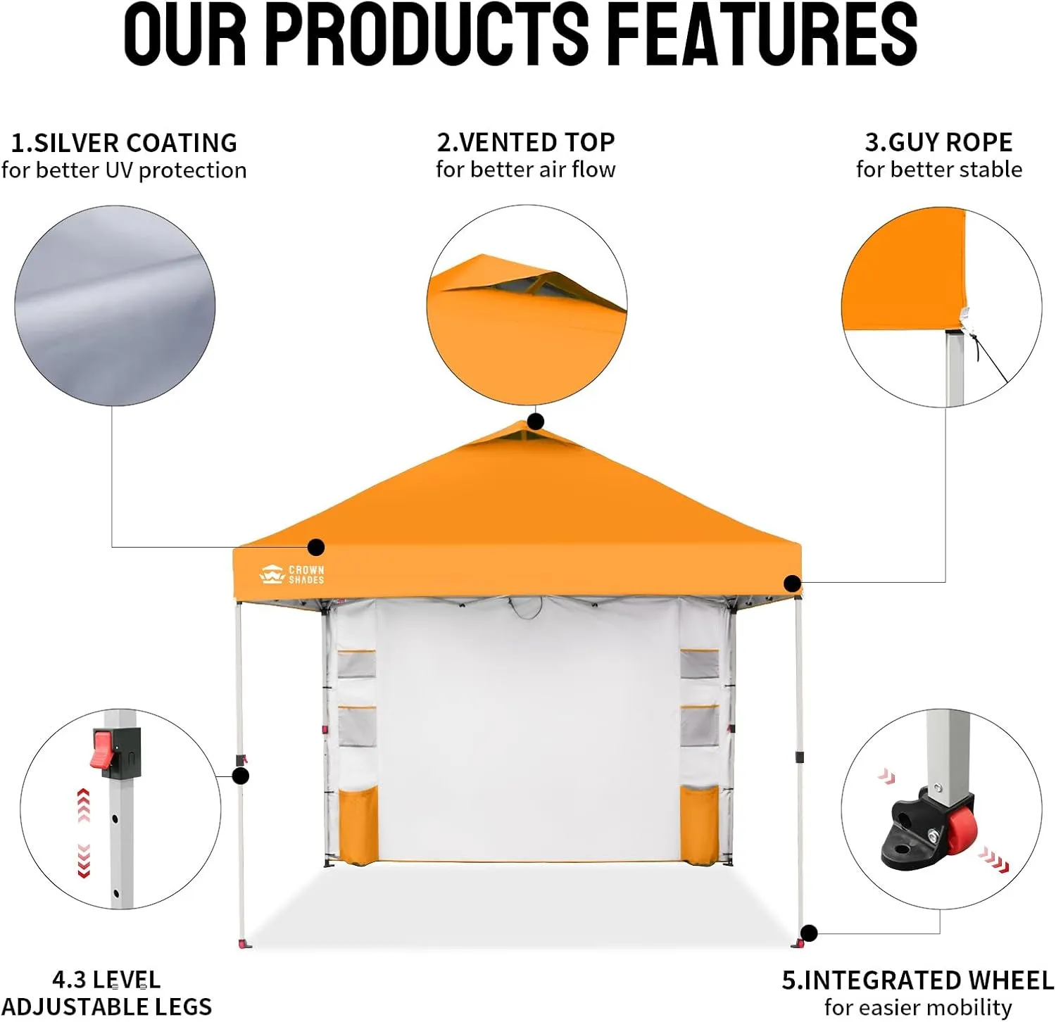 CROWN SHADES Canopy Tent 10x10 Pop Up Canopy Outdoor Shade with Pockets Sidewall, Easy Up Sun Shelter with One Person Set Up Center Lock, Portable Instant Camping Beach Canopy Tents, Orange