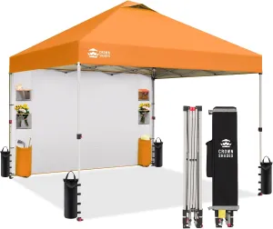CROWN SHADES Canopy Tent 10x10 Pop Up Canopy Outdoor Shade with Pockets Sidewall, Easy Up Sun Shelter with One Person Set Up Center Lock, Portable Instant Camping Beach Canopy Tents, Orange