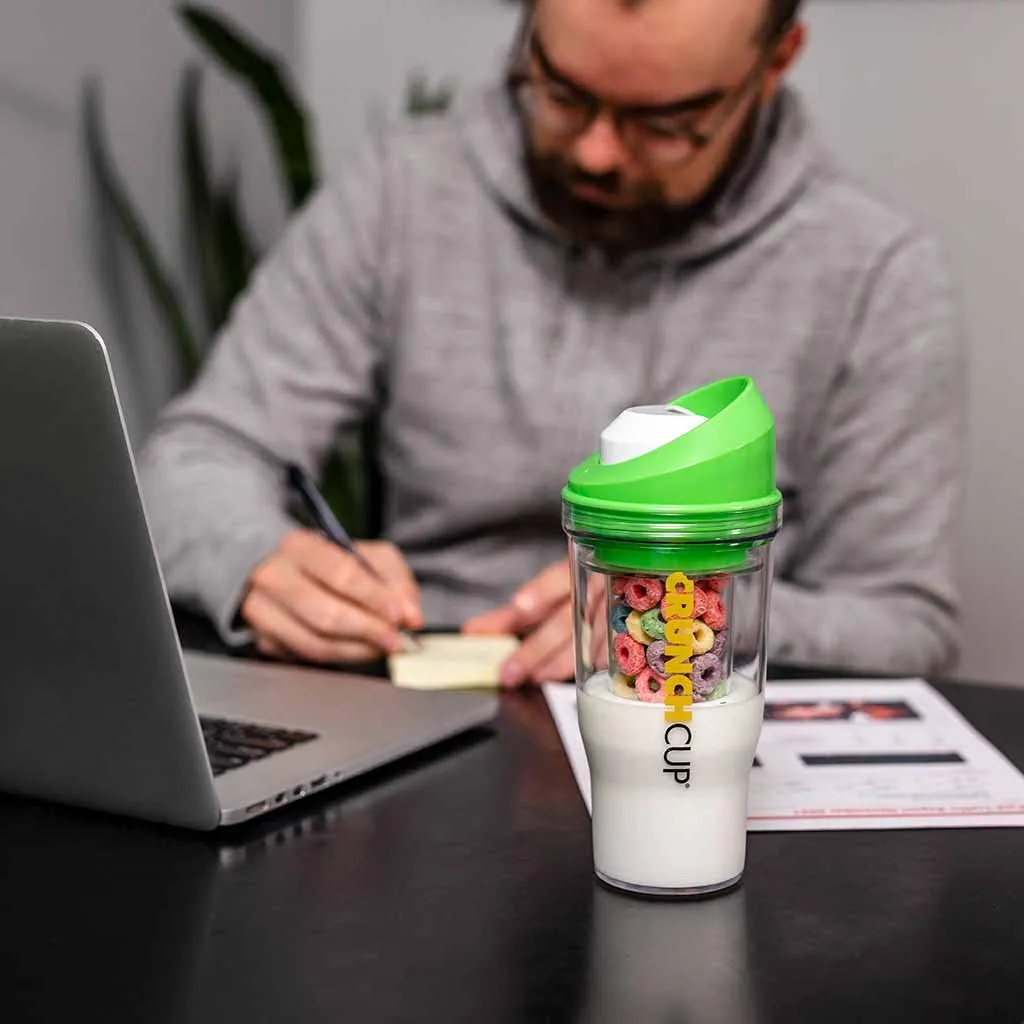 CRUNCHCUP XL - Portable Plastic Cereal Cups for Breakfast On the Go, To Go Cereal and Milk Container for your favorite Breakfast Cereals, No Spoon or Bowl Required (Green)