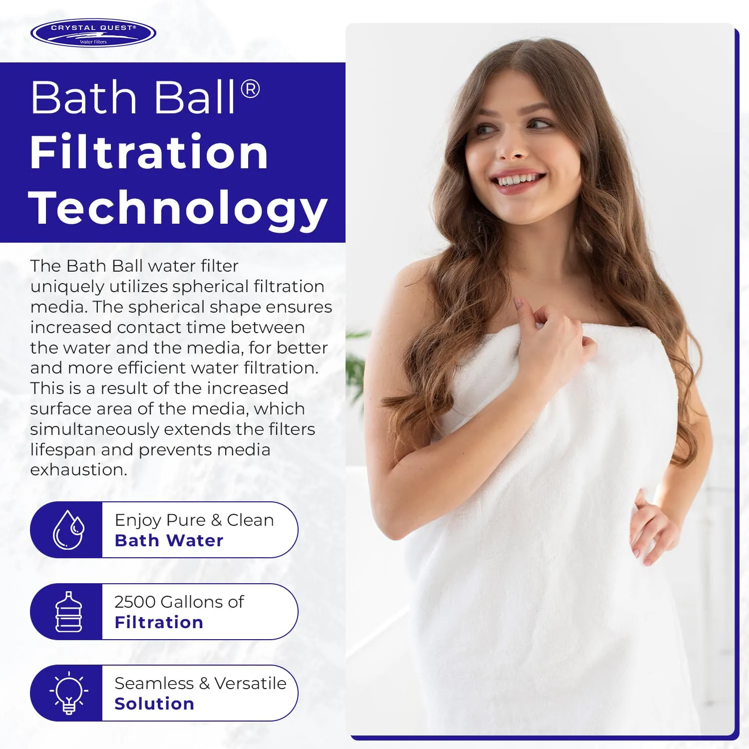 Crystal Quest Chrome Bath Ball Water Filter – Reduces Contaminants for Softer, Smoother Skin - BPA Free