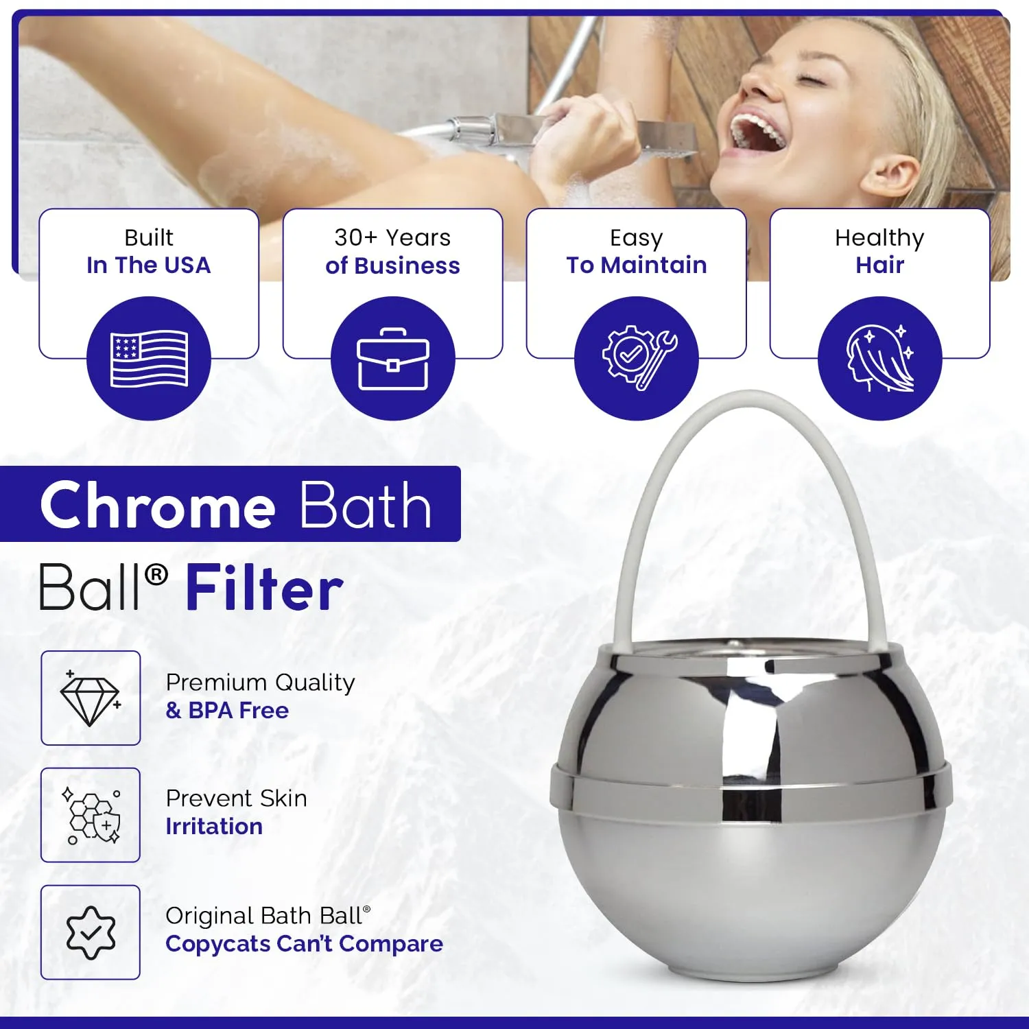 Crystal Quest Chrome Bath Ball Water Filter – Reduces Contaminants for Softer, Smoother Skin - BPA Free