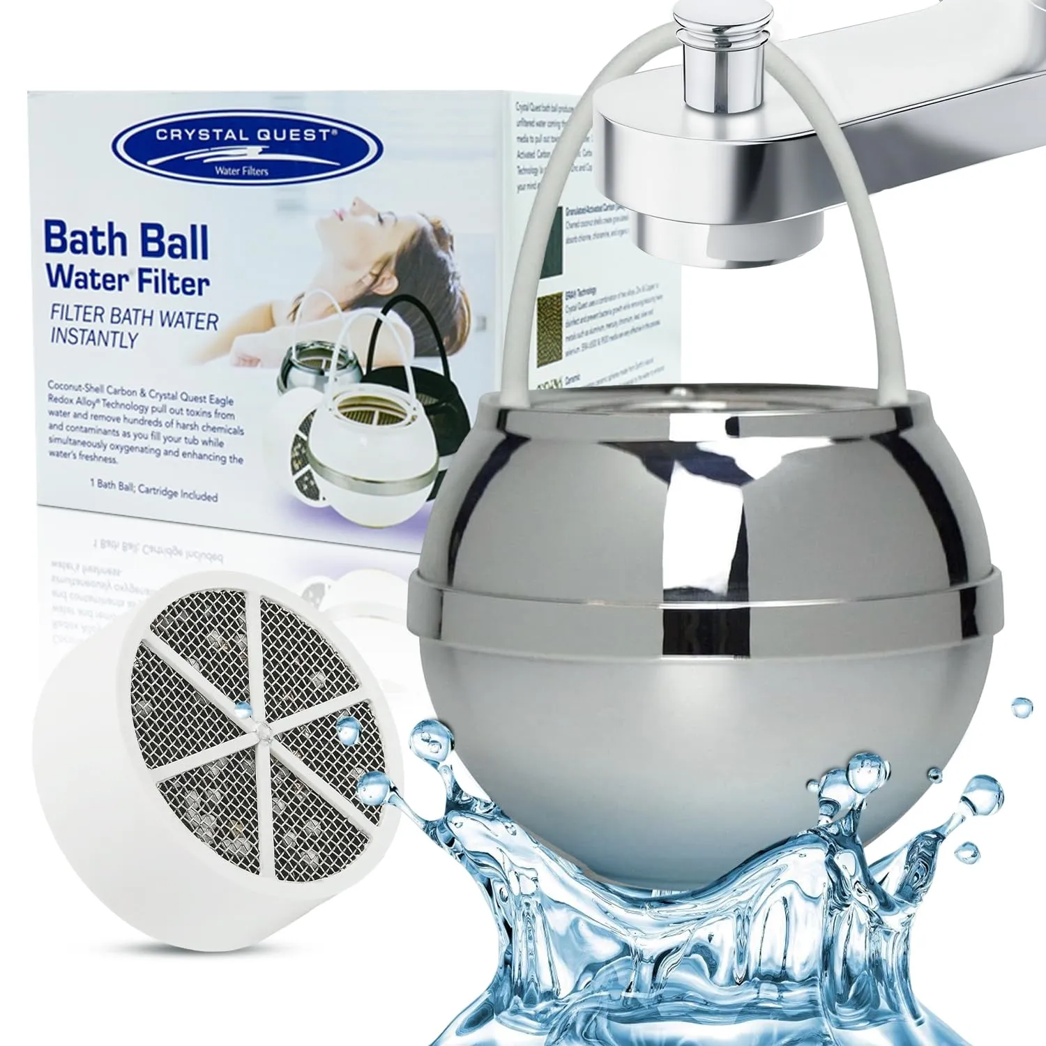 Crystal Quest Chrome Bath Ball Water Filter – Reduces Contaminants for Softer, Smoother Skin - BPA Free