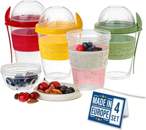Crystalia Yogurt Parfait Cups with Lids, BPA FREE Reusable Yogurt Containers with Lids and Spoons, Take and Go Yogurt Cup with Topping Cereal or Oatmeal Container, Colorful Set of 4 (Large 20 oz)