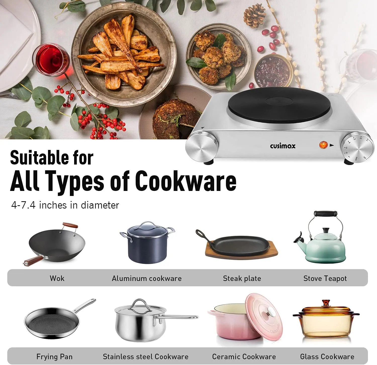 Cusimax Hot Plate Electric Burner Single Burner Cast Iron hot plates for cooking Portable Burner 1500W with Adjustable Temperature Control Stainless Steel Non-Slip Rubber Feet, Upgraded Version