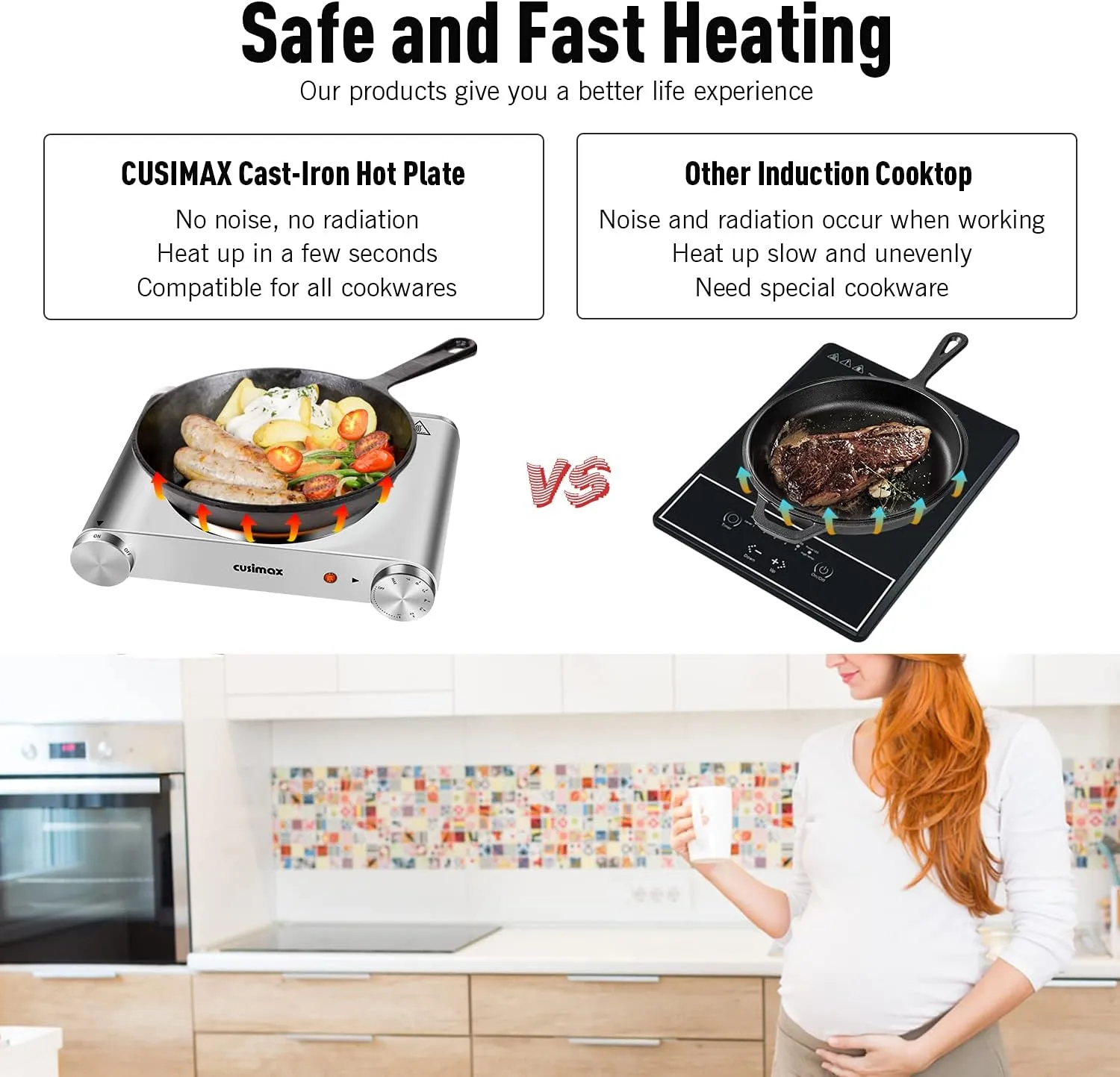 Cusimax Hot Plate Electric Burner Single Burner Cast Iron hot plates for cooking Portable Burner 1500W with Adjustable Temperature Control Stainless Steel Non-Slip Rubber Feet, Upgraded Version