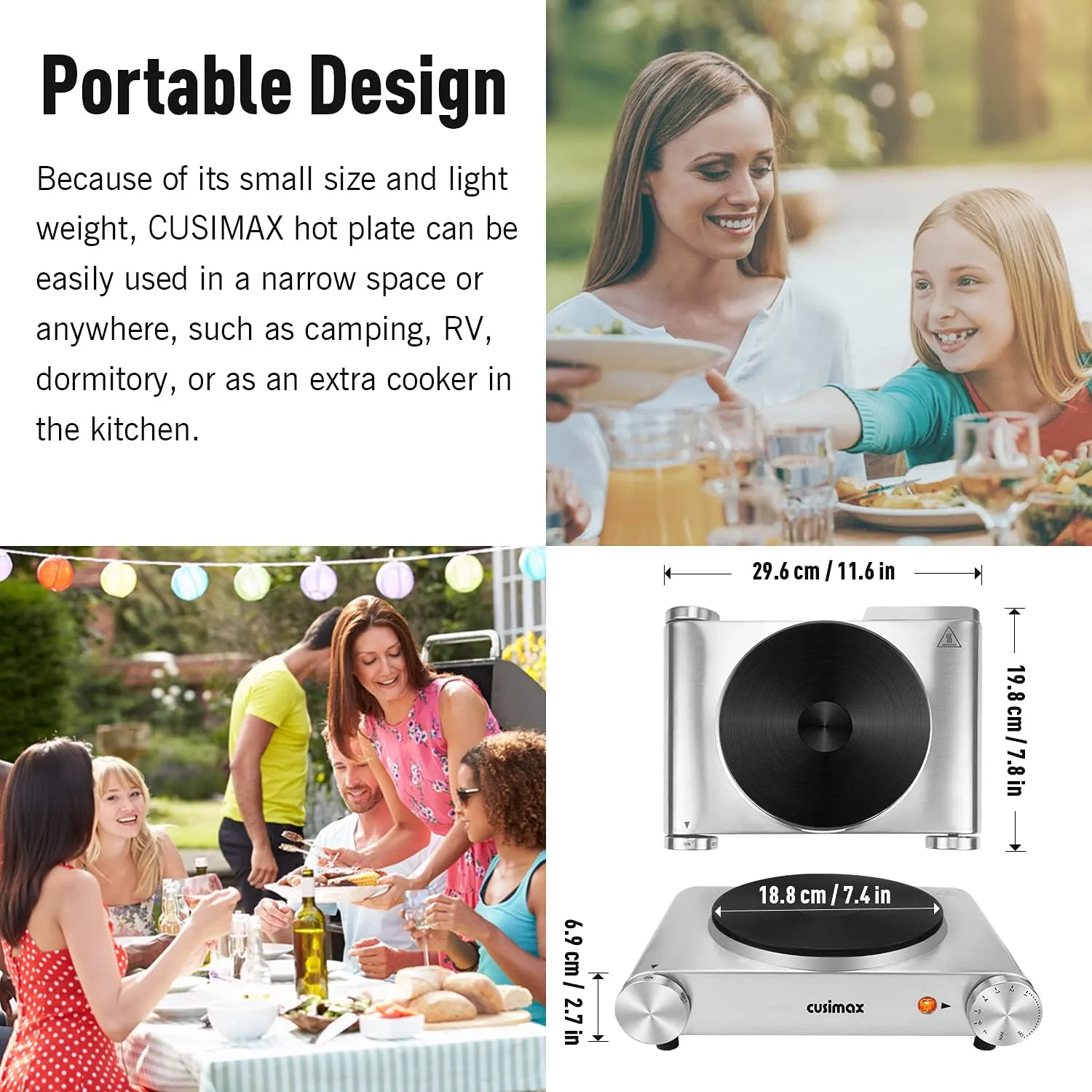 Cusimax Hot Plate Electric Burner Single Burner Cast Iron hot plates for cooking Portable Burner 1500W with Adjustable Temperature Control Stainless Steel Non-Slip Rubber Feet, Upgraded Version