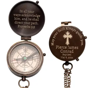 Custom Engraved Compass Baptism Gift for Boys - Personalized Compass for Men - Customized First Communion, Confirmation, Christian, Graduation, Sentimental & Inspirational Gifts for Teenagers