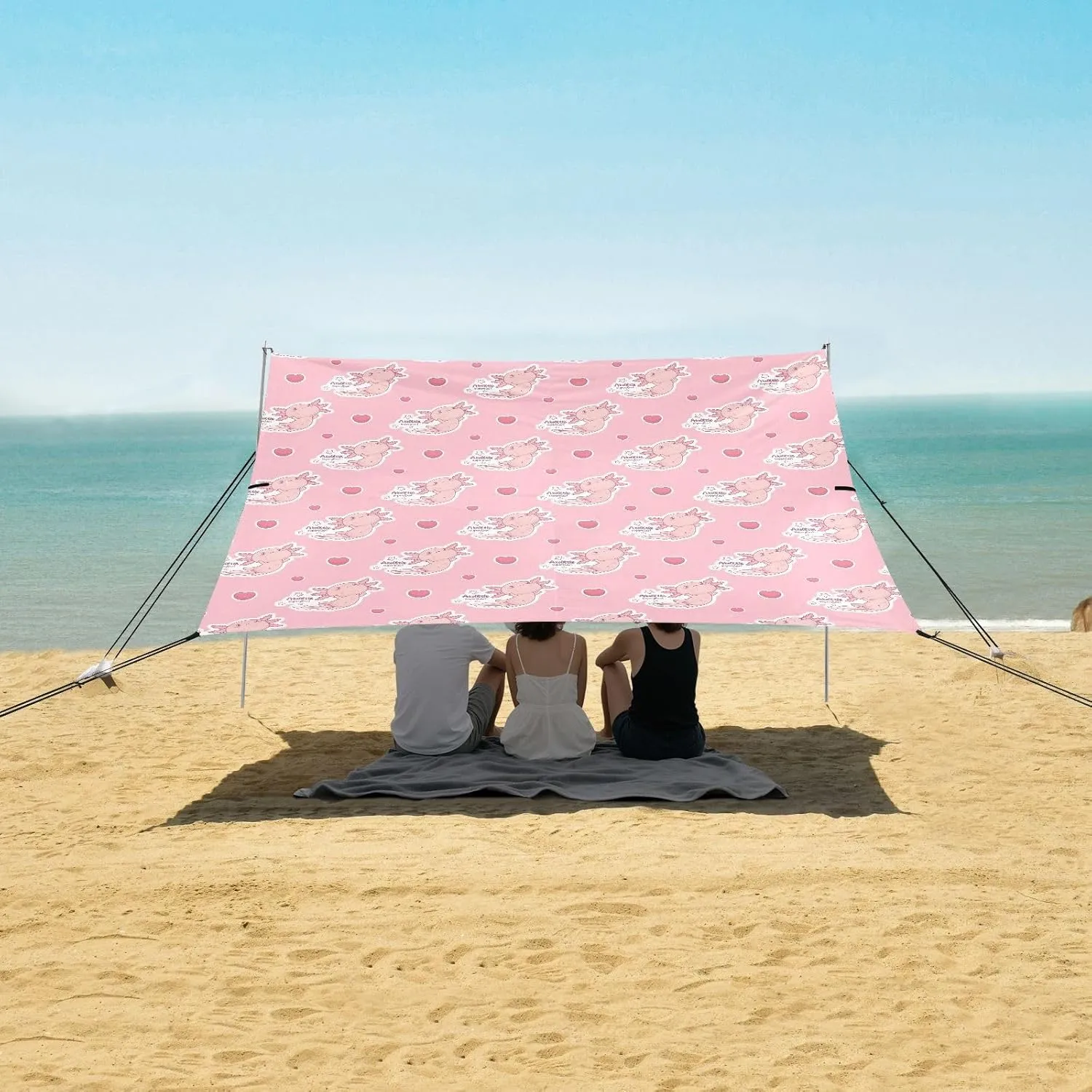 Cute Axolotl Pink Heart Beach Canopy Tent Anti-UV & Wind Resistant, Camping Sun Shelter Easy Setup Portable,Outdoor Shade Tents with Sandbags,Sand Shovels,Ground Pegs & Stability Poles