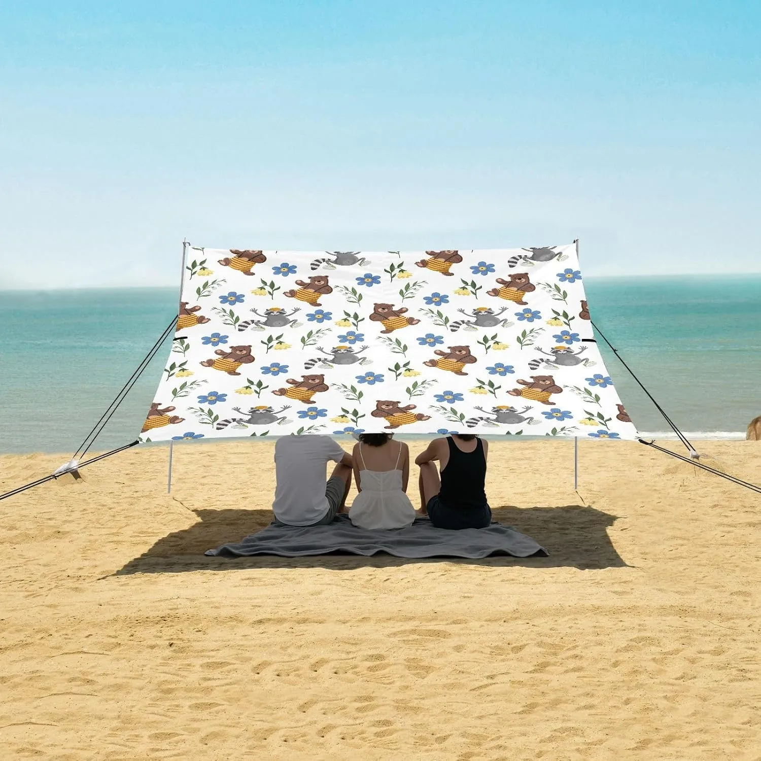 Cute Bears Bee Flowers Beach Canopy Tent Anti-UV & Wind Resistant, Camping Sun Shelter Easy Setup Portable,Outdoor Shade Tents with Sandbags,Sand Shovels,Ground Pegs & Stability Poles