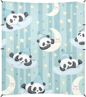 Cute Cartoon Pandas Moon Strips Beach Tent UPF50 Water-Resistant Large Portable Sun Shelter with Sand Shovel, Sandbags for Family Travel