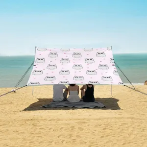 Cute Hippo Pattern Beach Canopy Tent Anti-UV & Wind Resistant, Pink Camping Sun Shelter Easy Setup Portable,Outdoor Shade Tents with Sandbags,Sand Shovels,Ground Pegs & Stability Poles