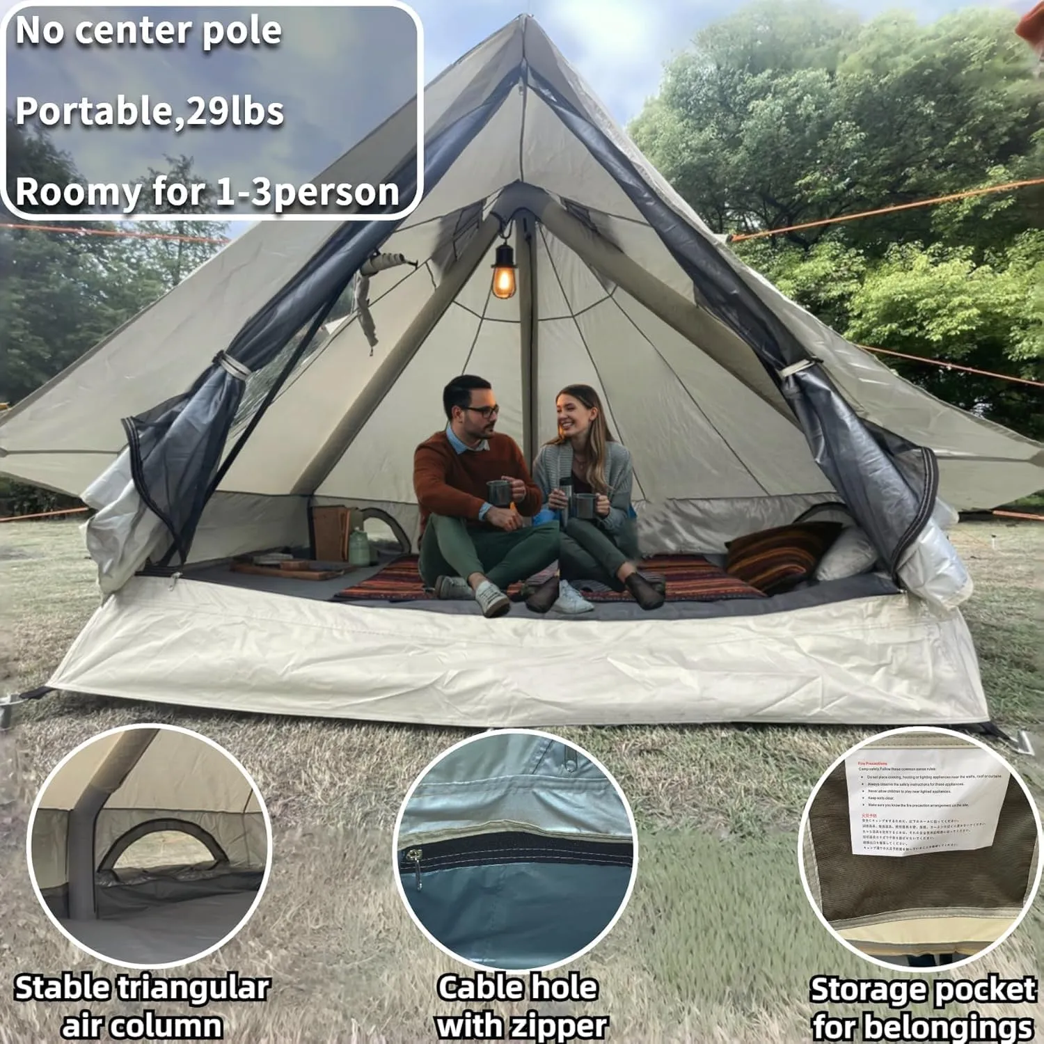 DANCHEL OUTDOOR B2I Waterproof Inflatable Camping Tent with Stove Jack for 1-3 Person, No Center Pole Portable Blow up Galmping Yurt with Pump, 300D Oxford Polyester Bell Tent Hiking, 29lbs, 3m
