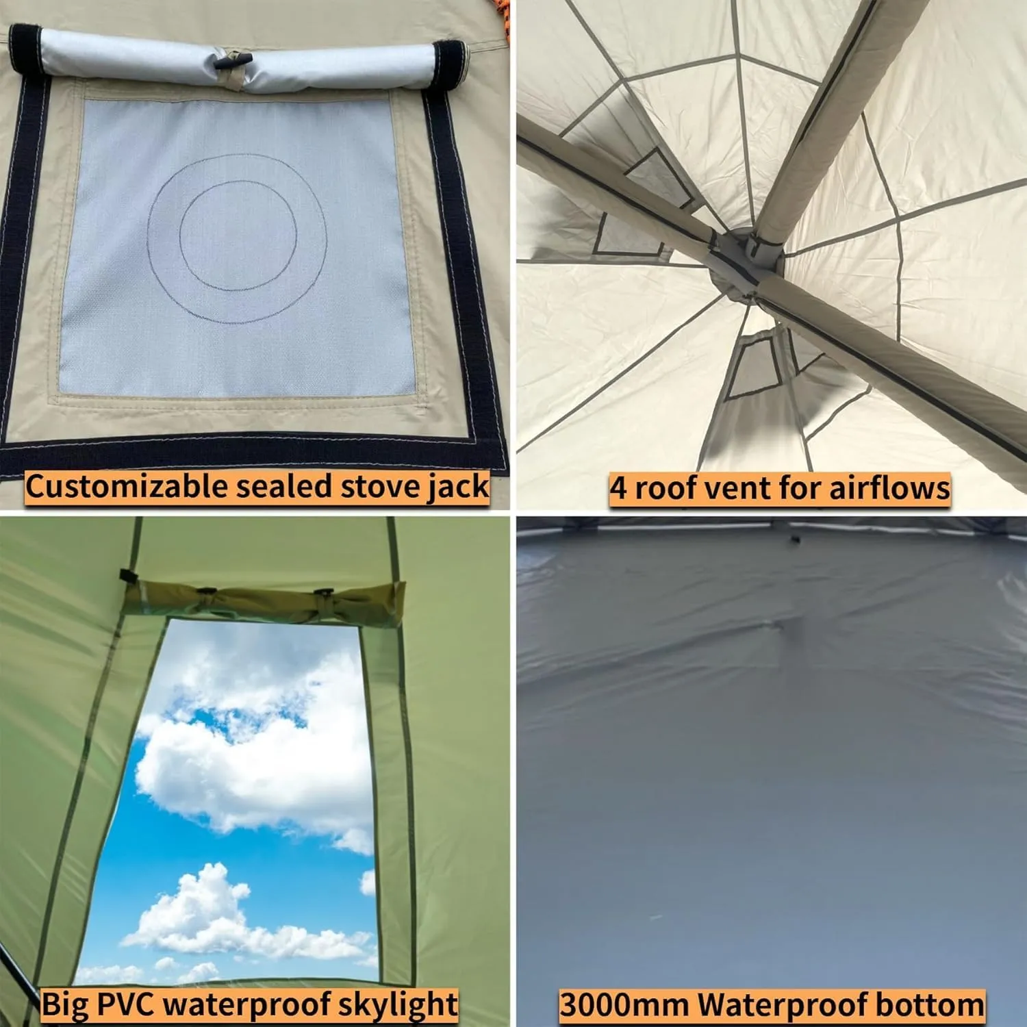 DANCHEL OUTDOOR B2I Waterproof Inflatable Camping Tent with Stove Jack for 1-3 Person, No Center Pole Portable Blow up Galmping Yurt with Pump, 300D Oxford Polyester Bell Tent Hiking, 29lbs, 3m