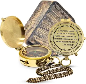 DE CRAFTIVE-Personalized Brass Pocket Compass Gift with Leather Case - Engraved 'J.R.R. Tolkien' - includes Locket Chain for Customized Navigation, Golden