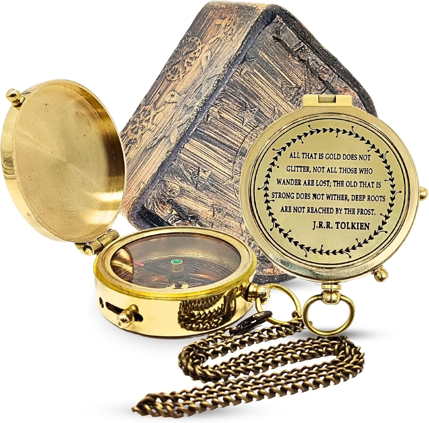 DE CRAFTIVE-Personalized Brass Pocket Compass Gift with Leather Case - Engraved 'J.R.R. Tolkien' - includes Locket Chain for Customized Navigation, Golden