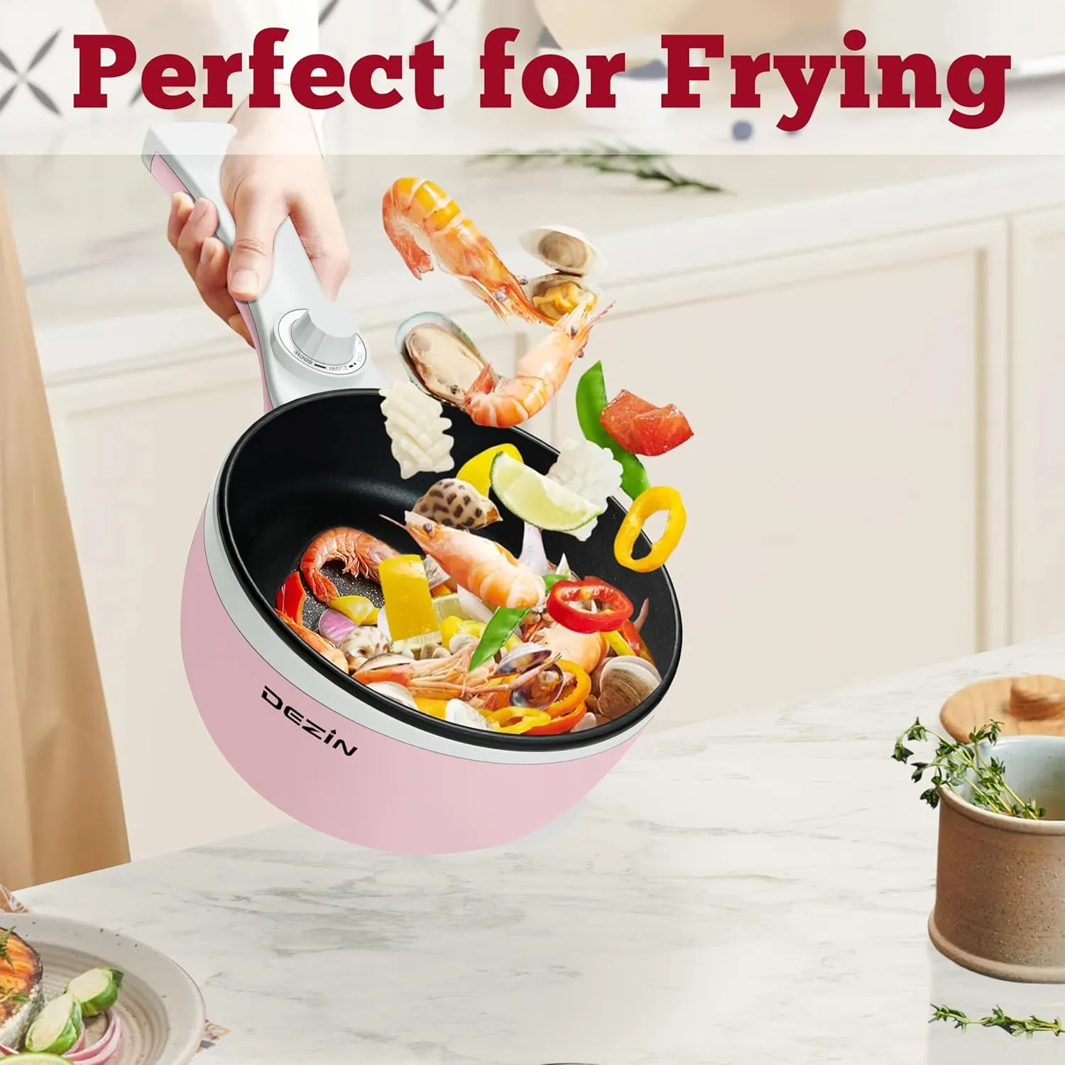 Dezin Hot Pot Electric Upgraded, Non-Stick Sauté Pan, Rapid Noodles Electric Pot, 1.5L Mini Portable Hot Pot for Steak, Egg, Fried Rice, Ramen, Oatmeal, Soup with Power Adjustment