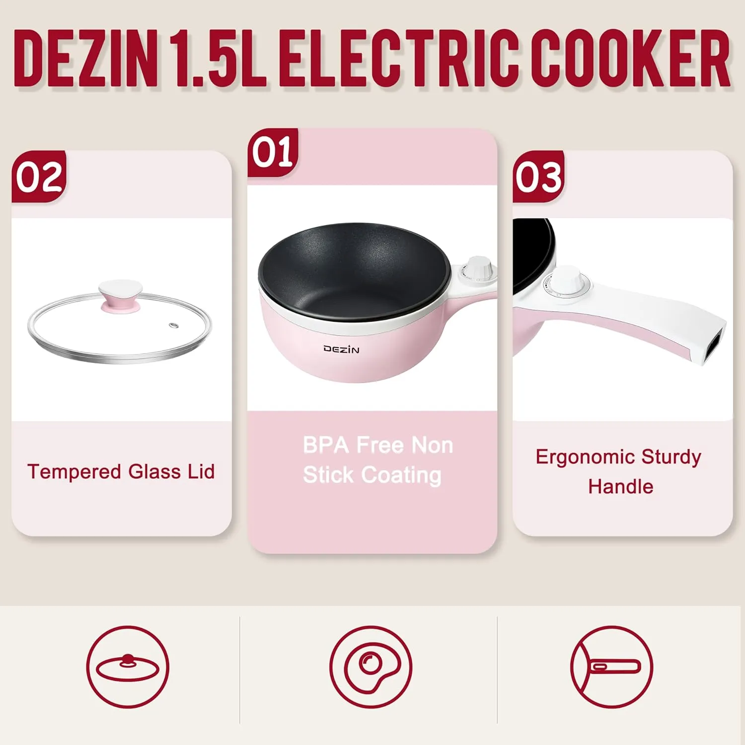 Dezin Hot Pot Electric Upgraded, Non-Stick Sauté Pan, Rapid Noodles Electric Pot, 1.5L Mini Portable Hot Pot for Steak, Egg, Fried Rice, Ramen, Oatmeal, Soup with Power Adjustment