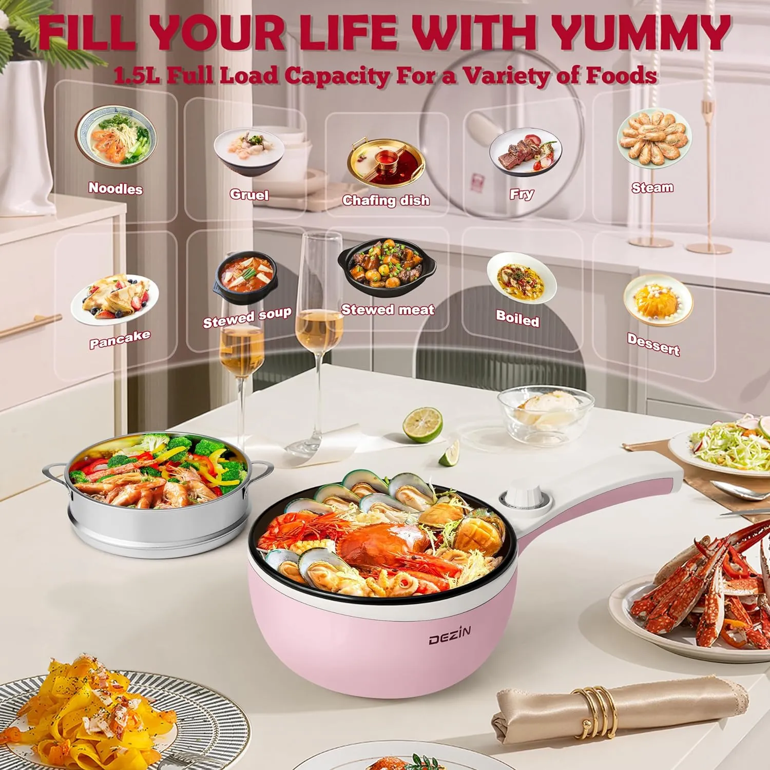 Dezin Hot Pot Electric Upgraded, Non-Stick Sauté Pan, Rapid Noodles Electric Pot, 1.5L Mini Portable Hot Pot for Steak, Egg, Fried Rice, Ramen, Oatmeal, Soup with Power Adjustment