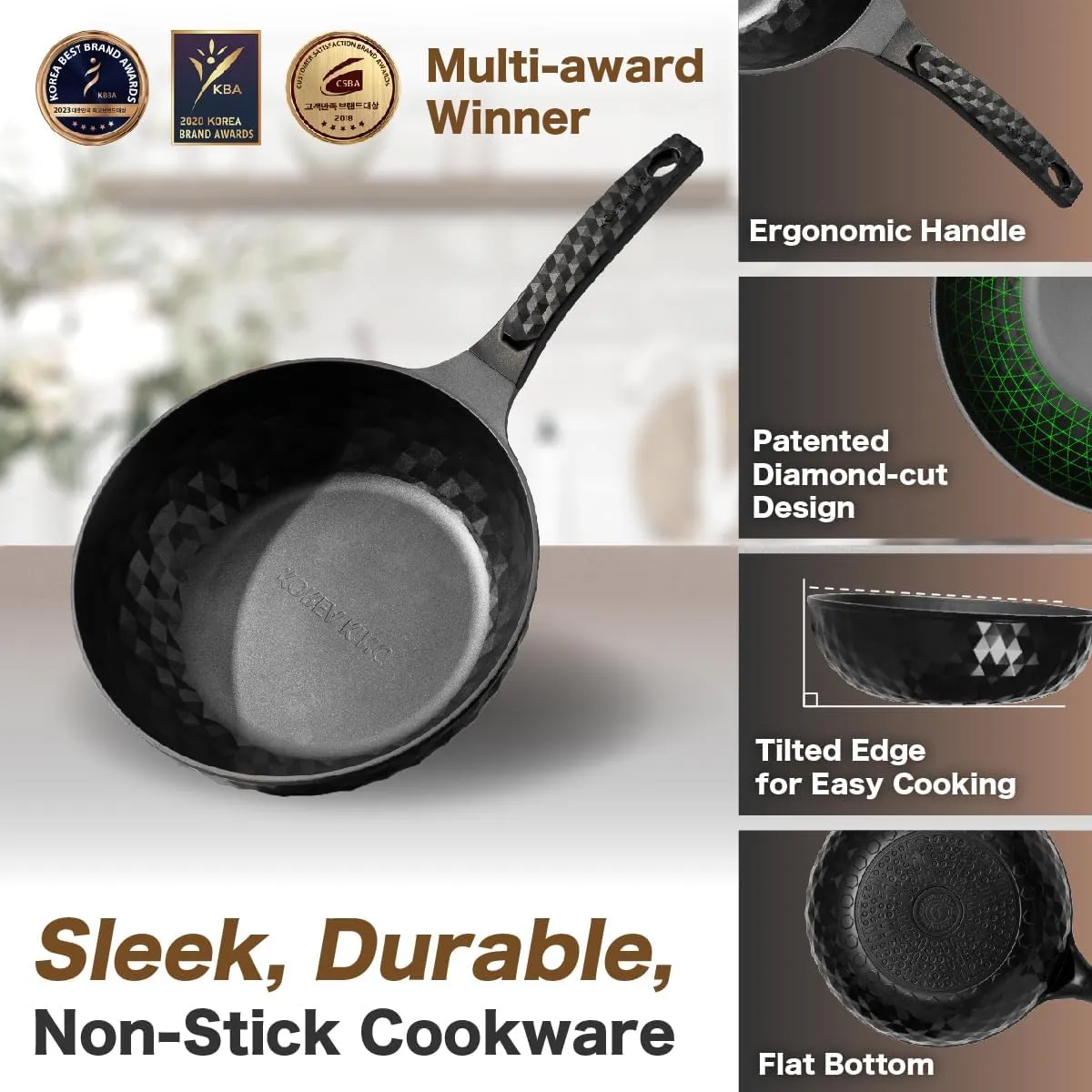 Diamond X Premium Non Stick Wok Pan with Lid - 11" Large Flat Bottom Chinese Wok - Woks & Stir-fry Pans Nonstick - Titanium-Coated 8-Layered Korean Engineered Skillet for Frying, Oil-Free, PFOA-Free
