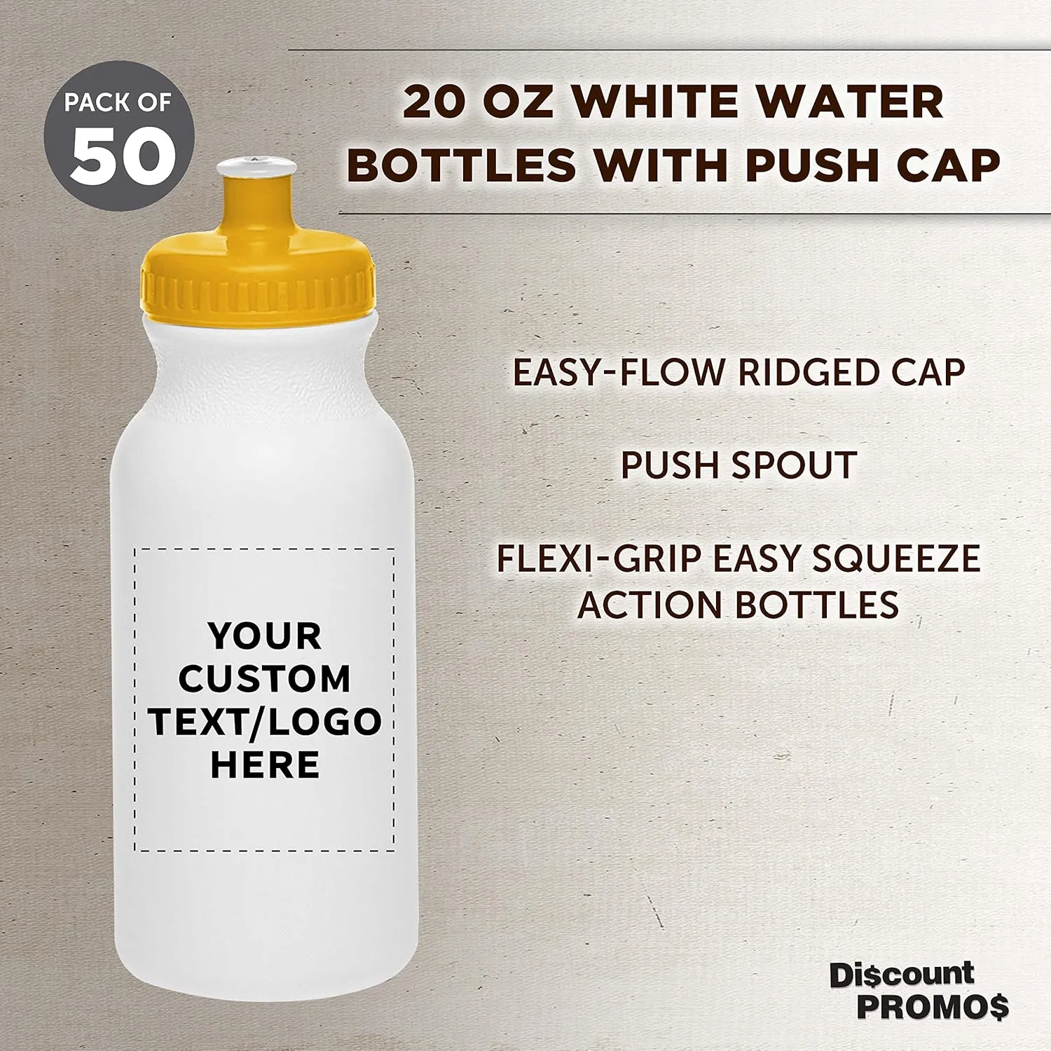 DISCOUNT PROMOS Custom White Water Bottles with Push Cap -50 pack, Customizable Text, Logo, 20 oz, Reusable BPA FREE Squeezable Bottles in Bulk - White Yellow