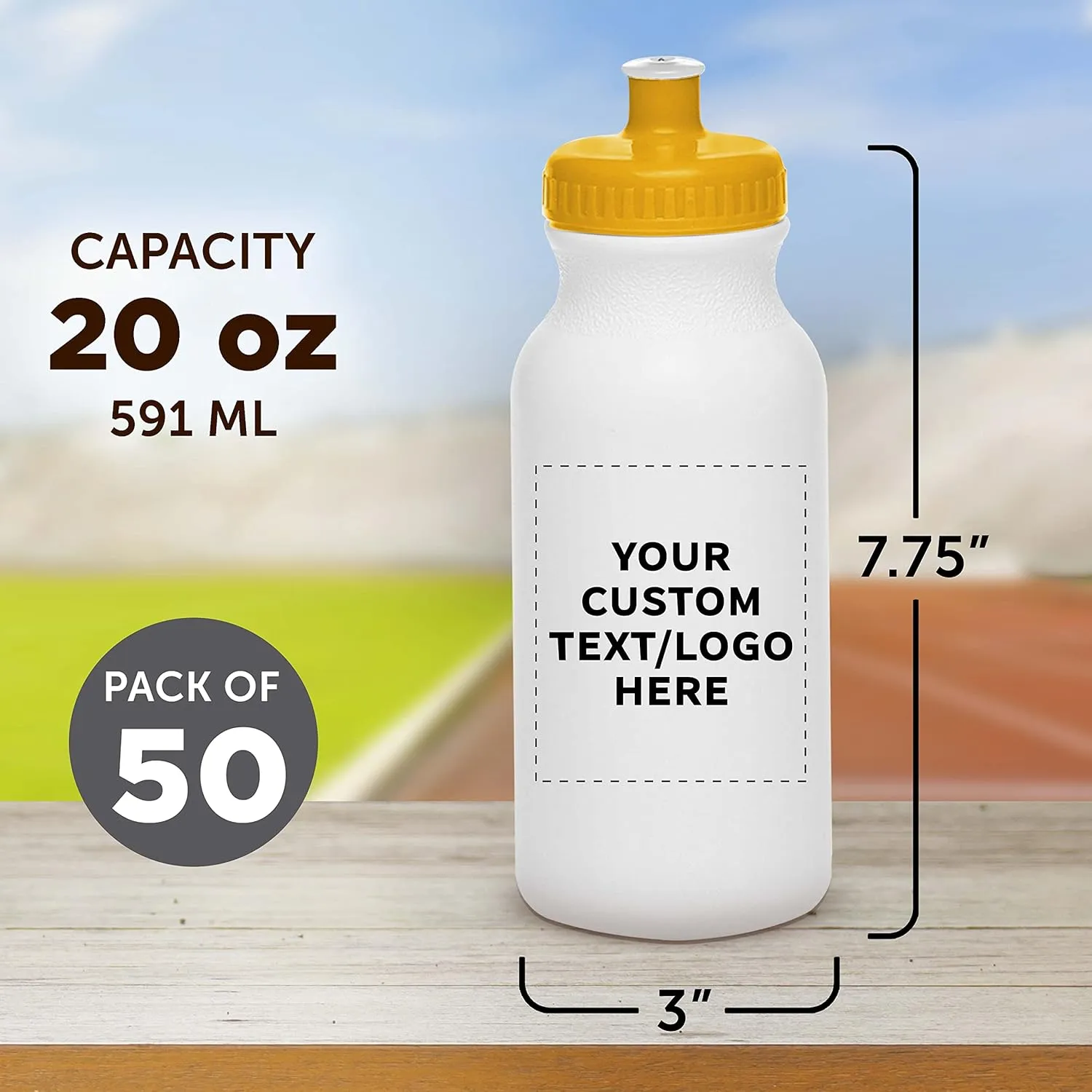DISCOUNT PROMOS Custom White Water Bottles with Push Cap -50 pack, Customizable Text, Logo, 20 oz, Reusable BPA FREE Squeezable Bottles in Bulk - White Yellow