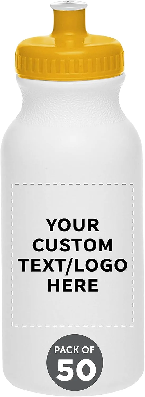 DISCOUNT PROMOS Custom White Water Bottles with Push Cap -50 pack, Customizable Text, Logo, 20 oz, Reusable BPA FREE Squeezable Bottles in Bulk - White Yellow