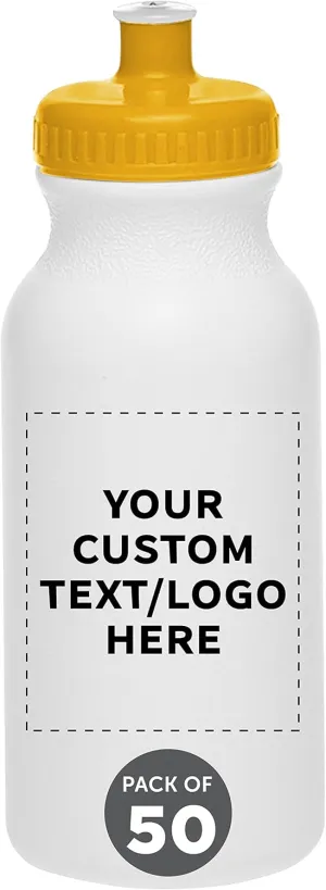 DISCOUNT PROMOS Custom White Water Bottles with Push Cap -50 pack, Customizable Text, Logo, 20 oz, Reusable BPA FREE Squeezable Bottles in Bulk - White Yellow