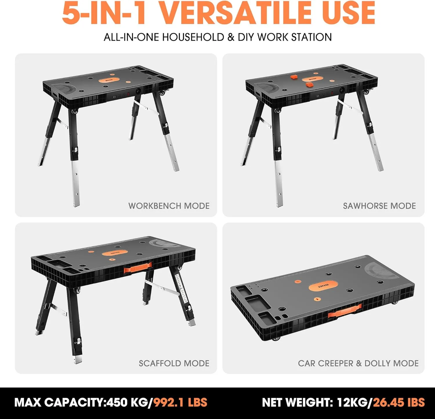 DNA MOTORING 3 in 1 Folding Heavy Duty Workbench - Work Bench, Saw Horses, Scaffold, All in one Multifunctional Work Table for Warehouse Garage, TOOLS-00525