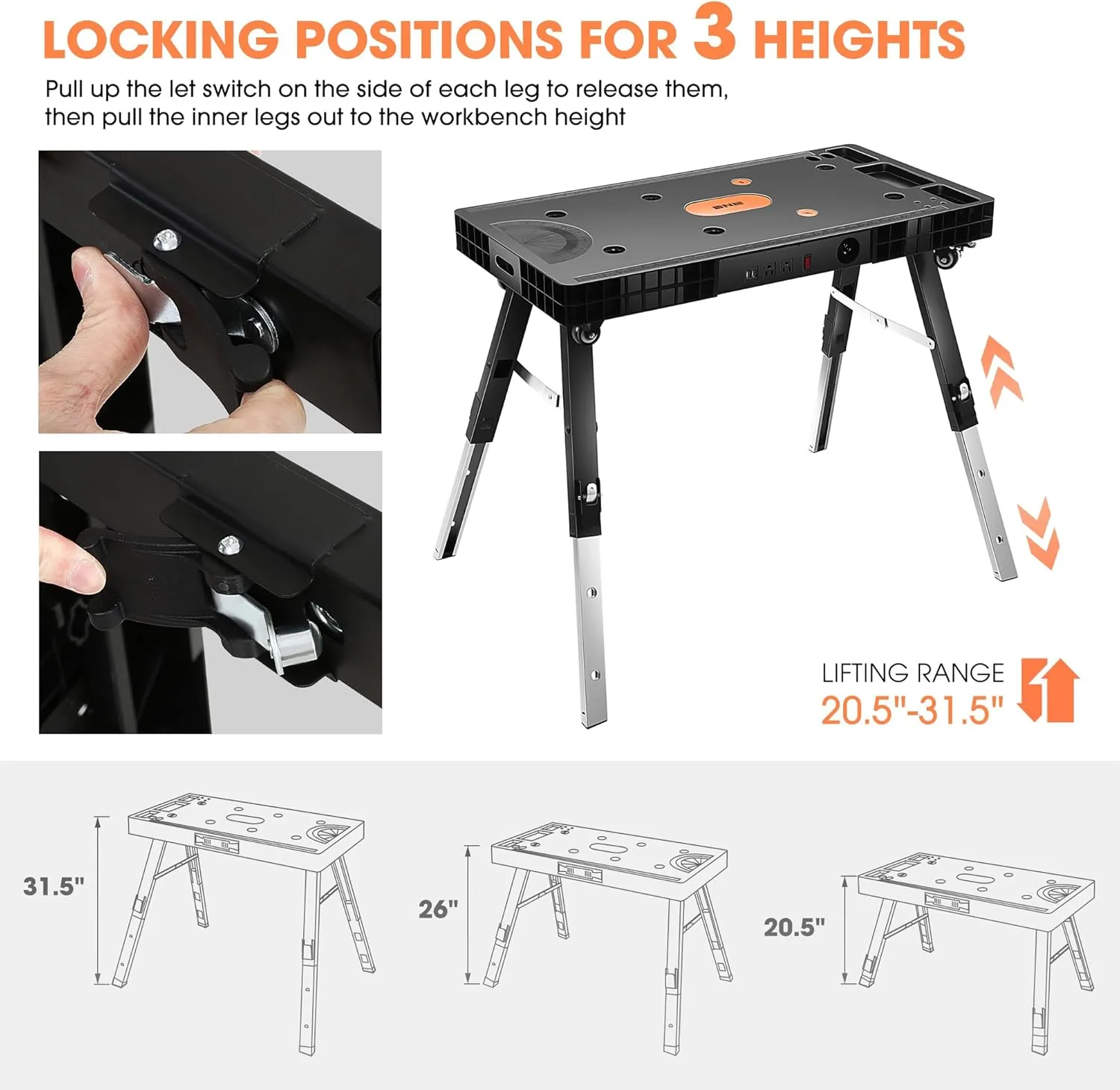 DNA MOTORING 3 in 1 Folding Heavy Duty Workbench - Work Bench, Saw Horses, Scaffold, All in one Multifunctional Work Table for Warehouse Garage, TOOLS-00525
