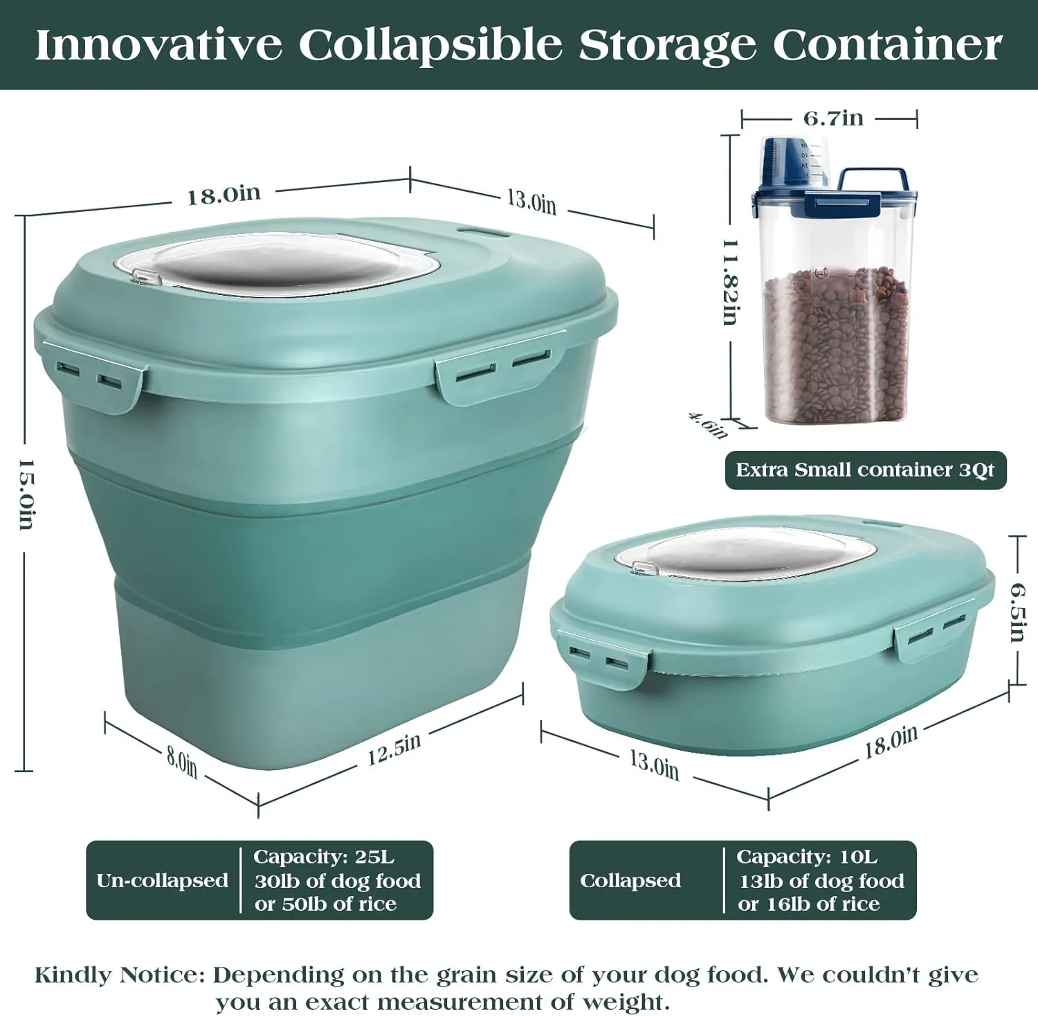 Dog Food Storage Container, Airtight Collapsible 13lb to 30lb Pet Food Container with Flip Top, Rolling Wheel, Scoop and 3L small container for Dog Cat Food and Dry Food of Rice, Flour