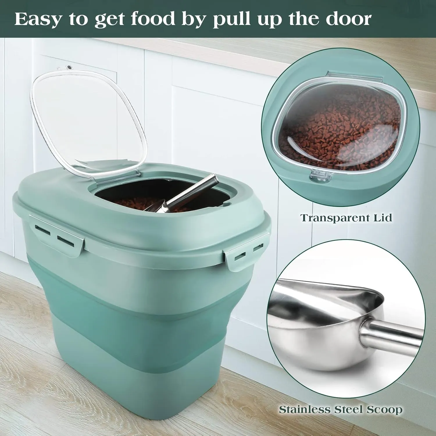 Dog Food Storage Container, Airtight Collapsible 13lb to 30lb Pet Food Container with Flip Top, Rolling Wheel, Scoop and 3L small container for Dog Cat Food and Dry Food of Rice, Flour