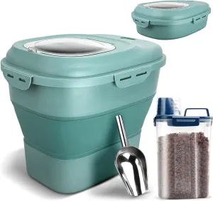 Dog Food Storage Container, Airtight Collapsible 13lb to 30lb Pet Food Container with Flip Top, Rolling Wheel, Scoop and 3L small container for Dog Cat Food and Dry Food of Rice, Flour