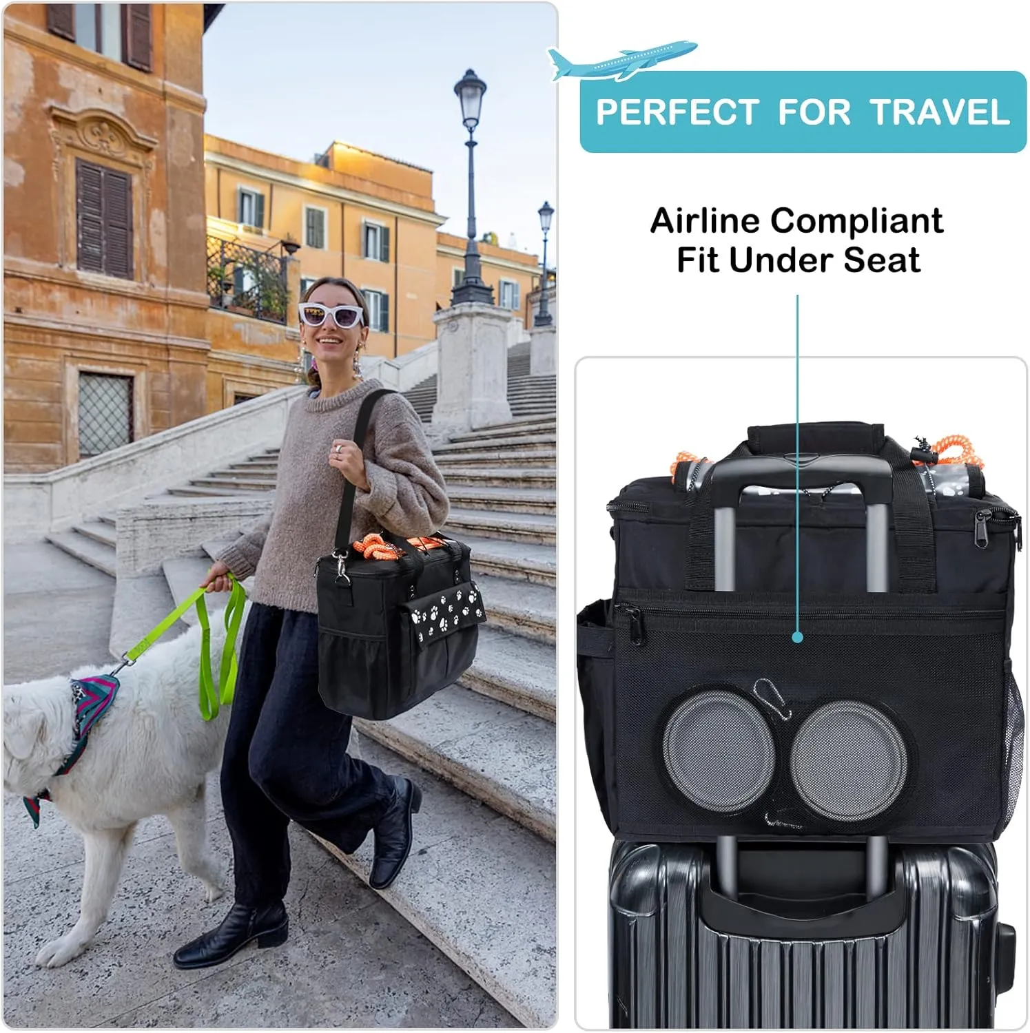 Dog Travel Bag, Airline Approved Dog Bags for Traveling, 2 Dogs Food Travel Container and Collapsible Bowls for Supplies, Overnight Pet Travel Kit Accessories