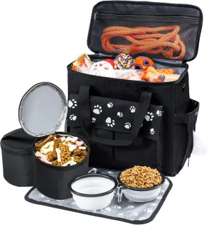 Dog Travel Bag, Airline Approved Dog Bags for Traveling, 2 Dogs Food Travel Container and Collapsible Bowls for Supplies, Overnight Pet Travel Kit Accessories