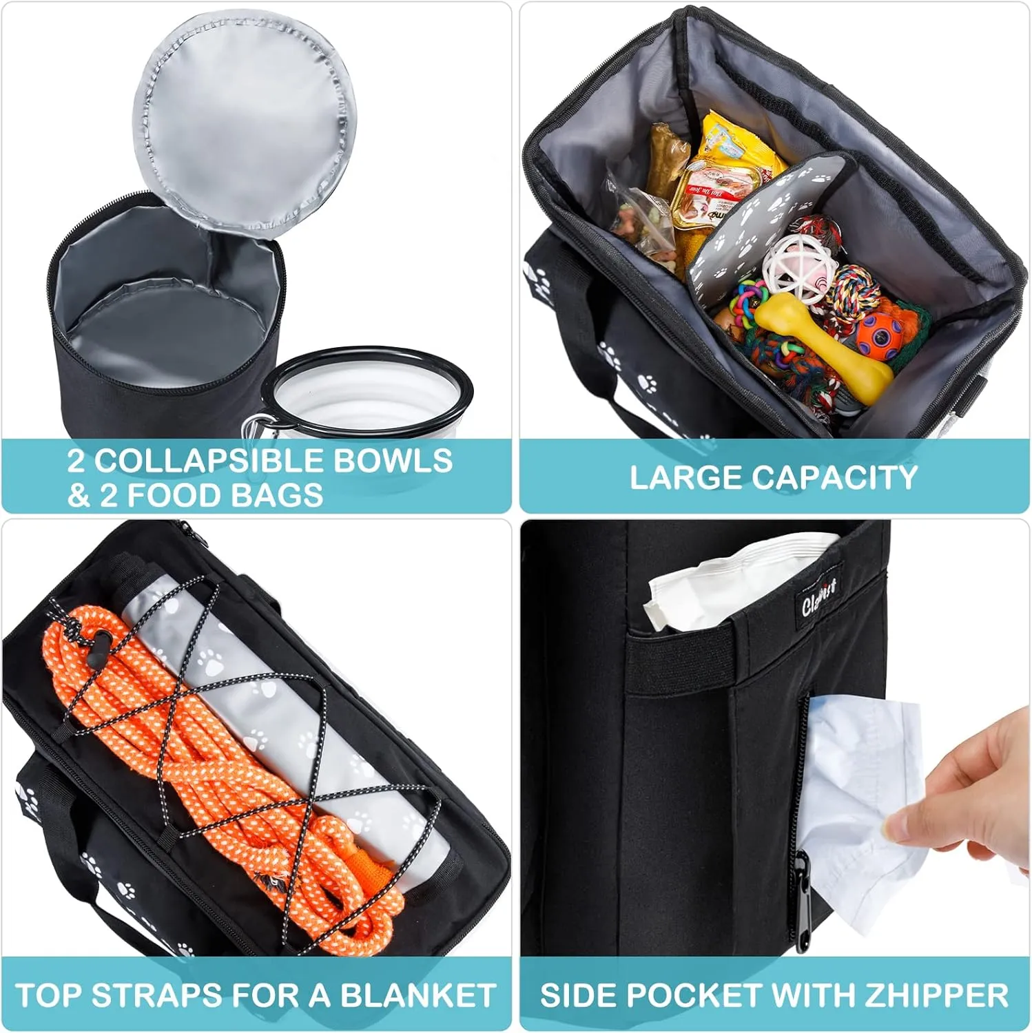 Dog Travel Bag, Airline Approved Dog Bags for Traveling, 2 Dogs Food Travel Container and Collapsible Bowls for Supplies, Overnight Pet Travel Kit Accessories