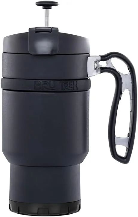 Double Shot 4.0 Travel Coffee French Press, 16 fl.oz Insulated Stainless Steel Mug, Removable Storage Bottom For Beans Grounds Tea Leaves, Brew A Second Cup, No Spill Lid (Obsidian)