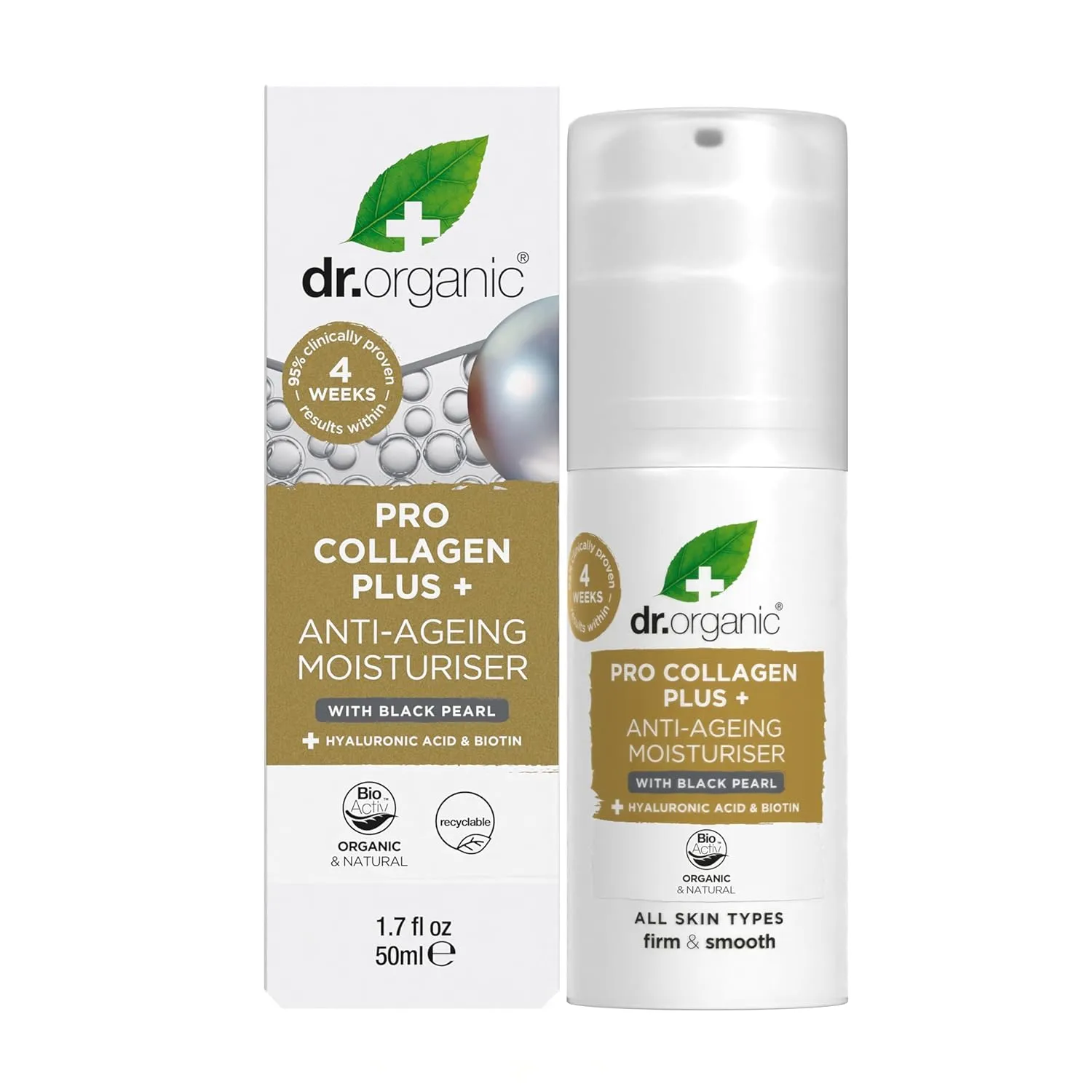 Dr. Organic Pro Collagen Plus   Anti-Ageing Moisturiser with Black Pearl | Firm & Smooth Skin, Reduces Wrinkles, (All Skin Types) Natural, Certified Organic, Paraben & SLS-Free, 50 mL / 1.7 fl oz