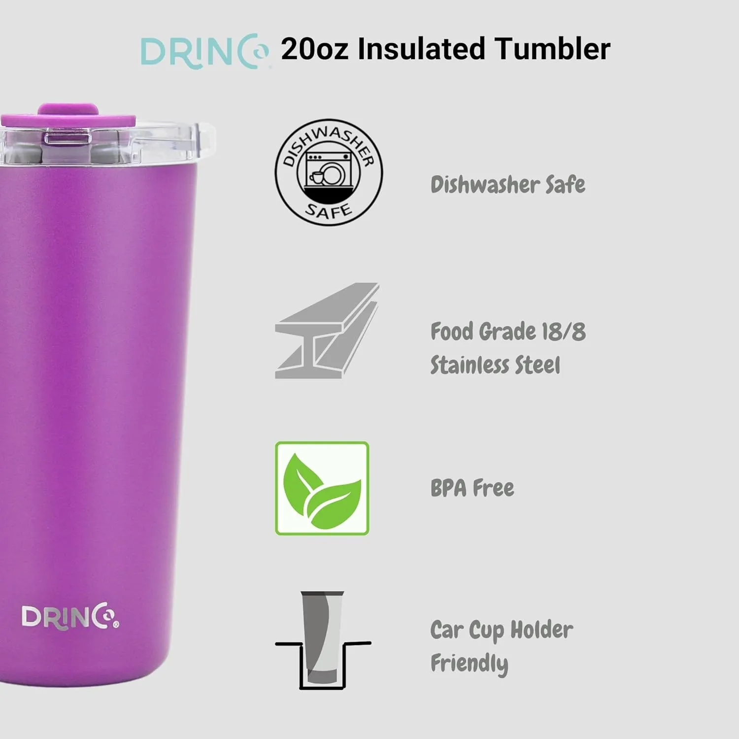 Drinco - 20 oz Stainless Steel Tumbler | Double Walled Vacuum Insulated Mug With Lid, 2 Straws, For Hot & Cold Drinks (20oz Deep Purple, 20oz)
