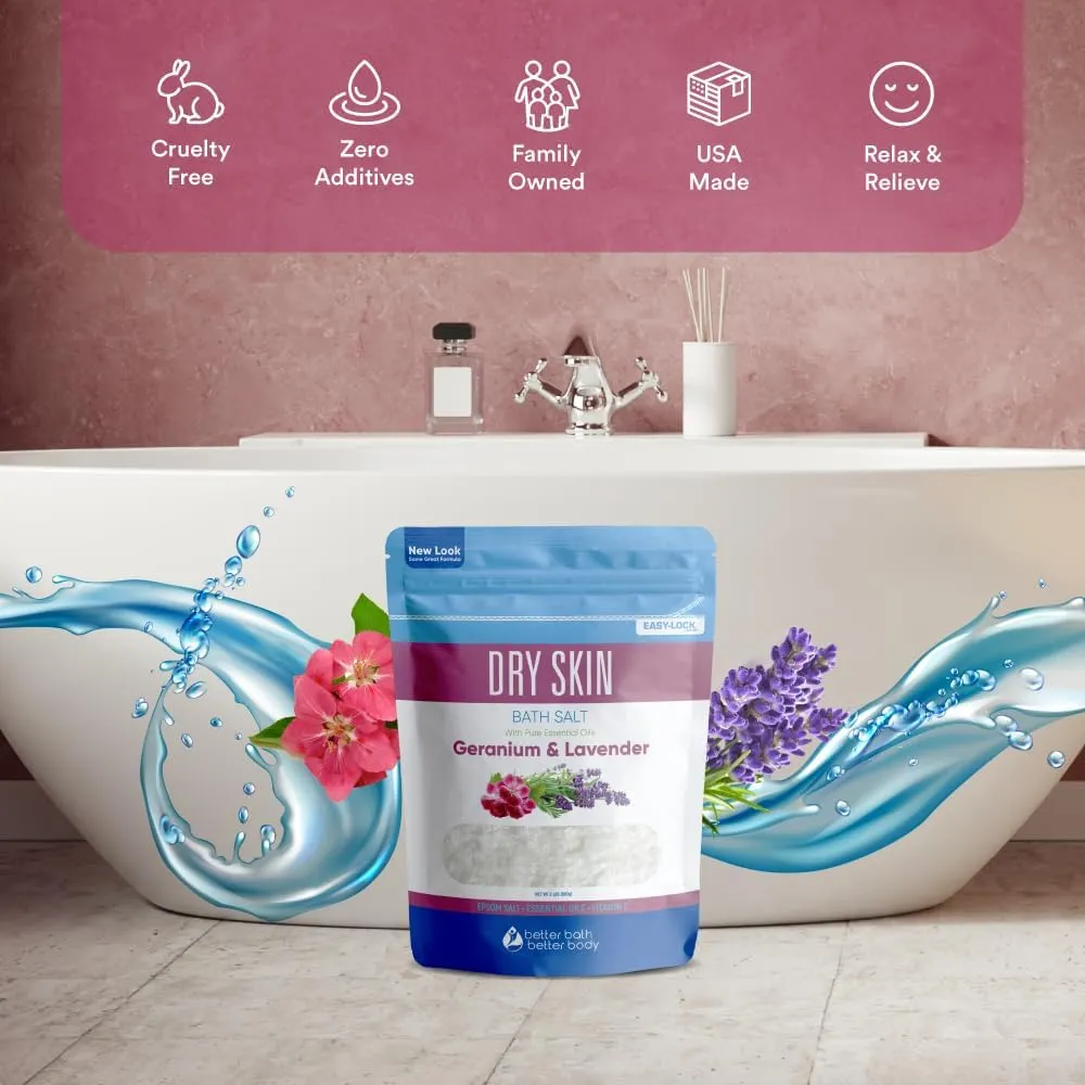 Dry Skin Bath Salt 32 Ounces (2 Lbs) Epsom Salt with Natural Geranium and Lavender Essential Oils Plus Vitamin C in BPA Free Pouch with Easy Press Lock Seal Made in USA