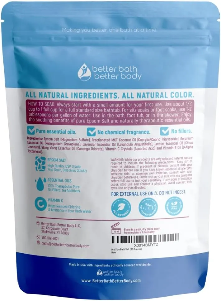 Dry Skin Bath Salt 32 Ounces (2 Lbs) Epsom Salt with Natural Geranium and Lavender Essential Oils Plus Vitamin C in BPA Free Pouch with Easy Press Lock Seal Made in USA