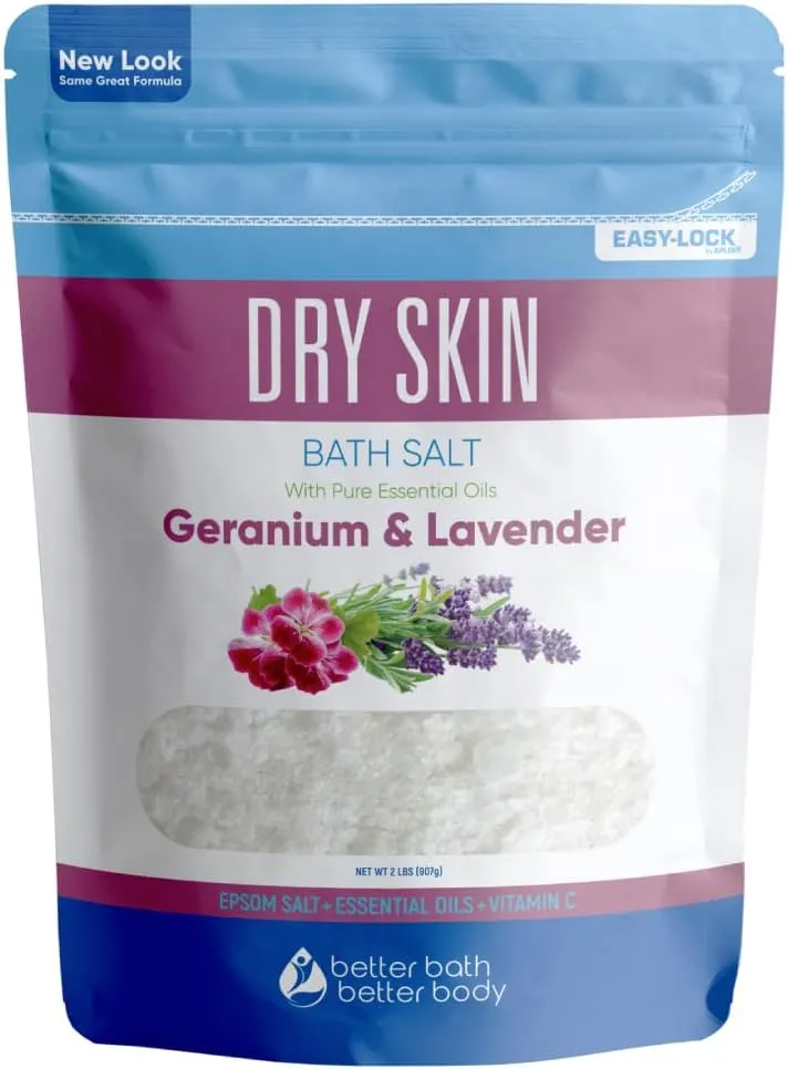 Dry Skin Bath Salt 32 Ounces (2 Lbs) Epsom Salt with Natural Geranium and Lavender Essential Oils Plus Vitamin C in BPA Free Pouch with Easy Press Lock Seal Made in USA