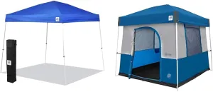 E-Z UP 10' x 10' Canopy, Spike Set, Roller Bag and Camping Cube Tent Converter for Shelter, Royal Blue