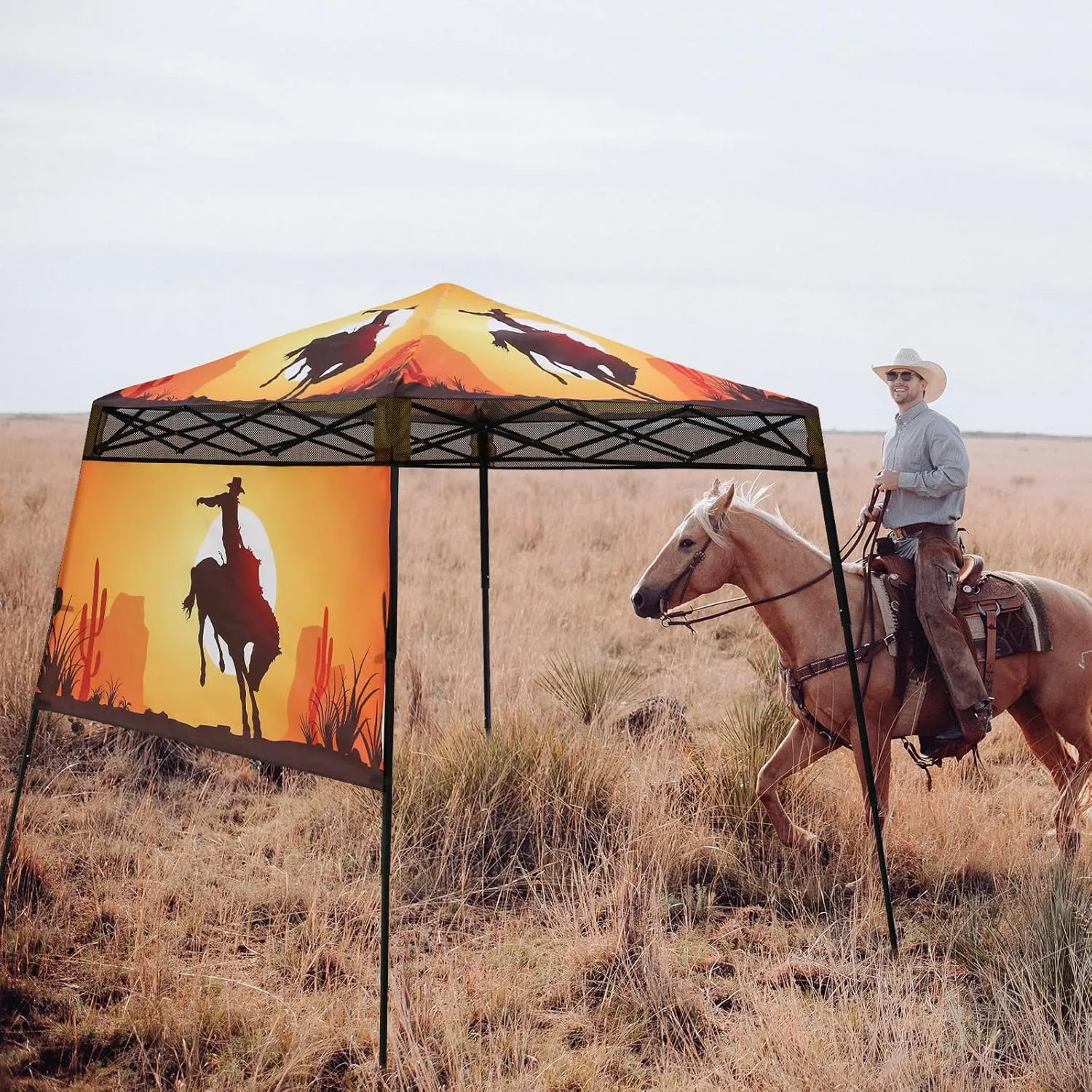 EAGLE PEAK 8x8 Pop Up Canopy Tent with Sidewall, Compact, Portable Slant Leg Instant Sun Shelter for Beach, Sports, & Camping, 8x8 Base 6x6 Top, Cowboy