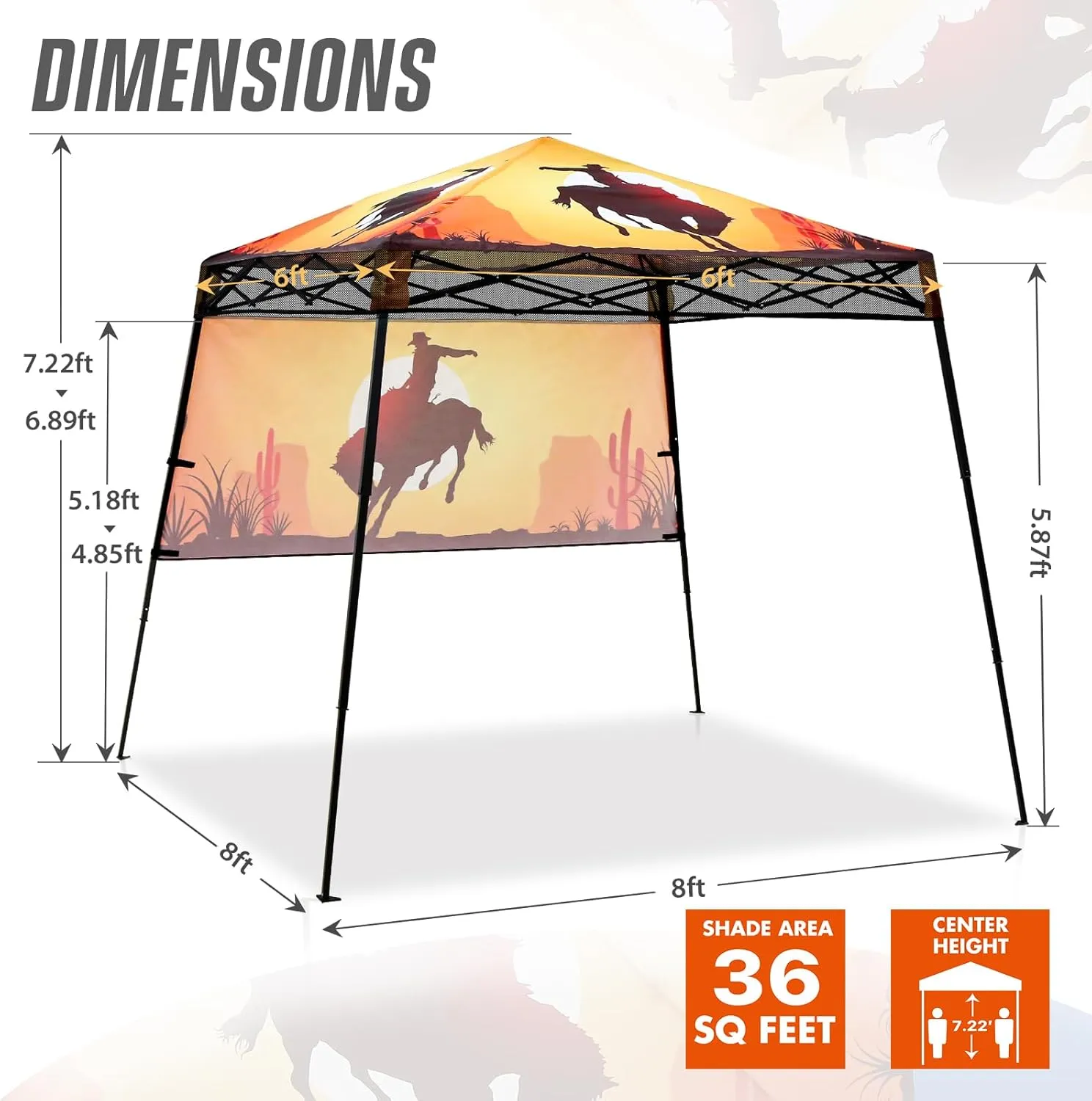 EAGLE PEAK 8x8 Pop Up Canopy Tent with Sidewall, Compact, Portable Slant Leg Instant Sun Shelter for Beach, Sports, & Camping, 8x8 Base 6x6 Top, Cowboy