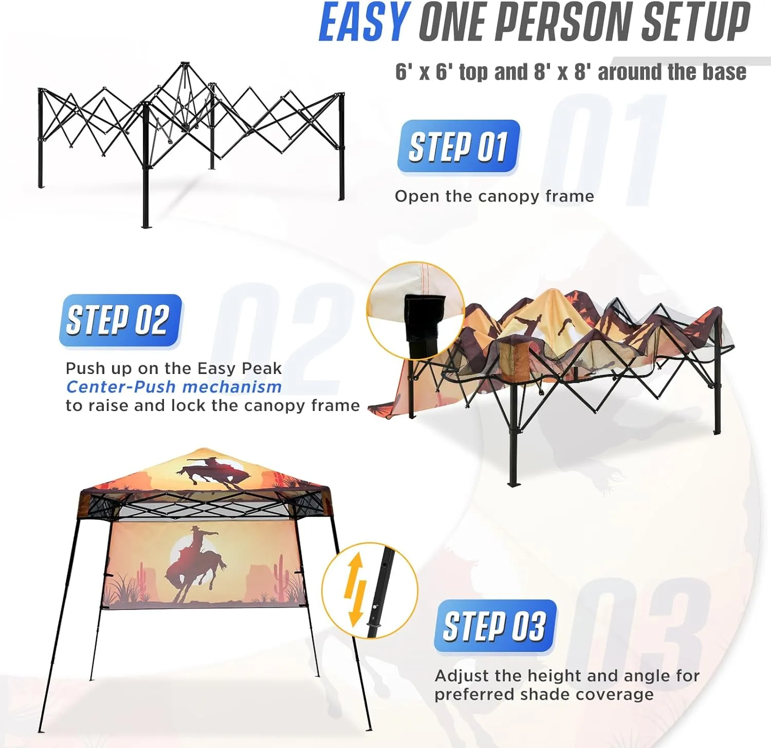 EAGLE PEAK 8x8 Pop Up Canopy Tent with Sidewall, Compact, Portable Slant Leg Instant Sun Shelter for Beach, Sports, & Camping, 8x8 Base 6x6 Top, Cowboy